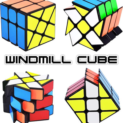 JoyTown Speed Cube Set of 2 Bundle Pack Windmill Cube Magic Puzzle, YJ Axis V2 New Version Fluctuation Angle Twisty Puzzle, Odd 3x3 Speedcubing with Bonus Stands Black