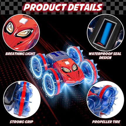 4WD Waterproof RC Car, 2.4 GHz Amphibious Remote Control Monster Truck Remote Control Boat for Kids, 360°Rotation Stunt Cars with LED Lights, All Terrain Water Beach Pool Toy for Boys Girls Gifts