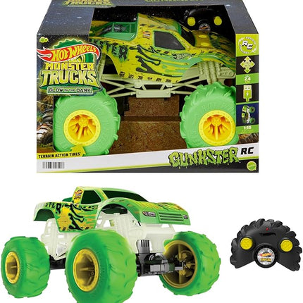 Hot Wheels Monster Trucks RC Toy, Remote-Control 1:15 Scale Gunkster, Glows in The Dark & has Terrain Action Tires with Off-Roading Capability