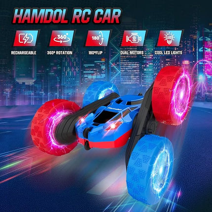 Remote Control Car Double Sided 360°Rotating 4WD RC Cars with Headlights 2.4GHz Electric Race Stunt Toy Car Rechargeable Toy Cars for 6-12 Year Old Boys Girls Birthday Gift (Red and Blue)