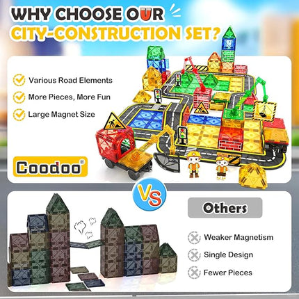 100 PCS Magnetic Tiles Road Set with 3 Cranes & 2 Cars - Magnetic Blocks City Construction Building Toys for 3+ Year Old Boys Girls Ideal Preschool Learning Outdoor Creative Toddler Kids Toys