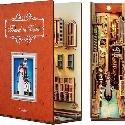 Tonecheer DIY Book Nook Kit for Adults, 3D Wooden Puzzle Bookend Bookshelf Insert Library Decor, Booknook Miniature House Kit with Body Motion Sensor LED Light (Travel in Venice)