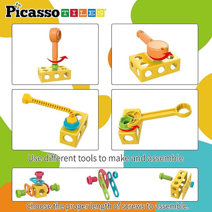PicassoTiles 115 Piece Building Blocks Set Kids STEM Toy Construction Engineering Sensory Toys Kit Block Children Early Education Playset with FREE IdeaBook, Clickable Ratchet Age 3+ Boys Girls PTN115