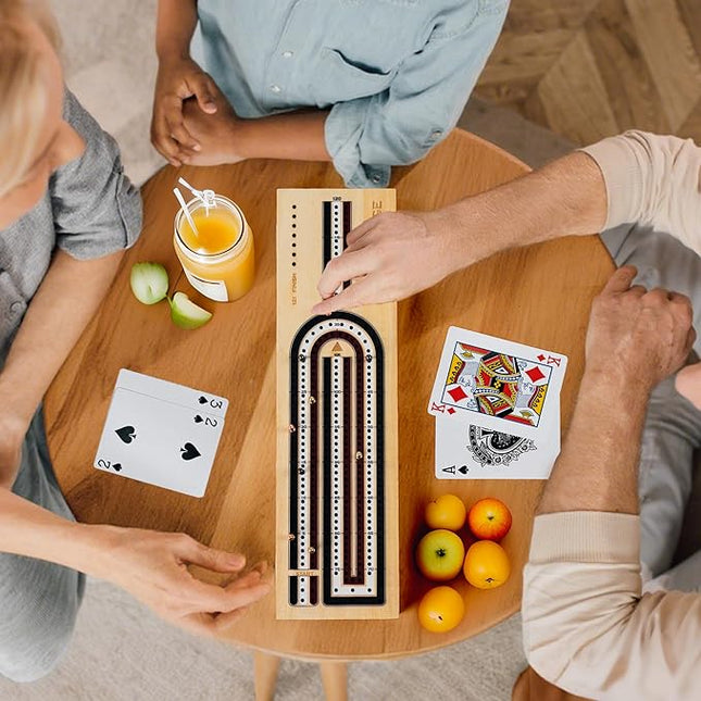 Cribbage Board Game Set, 3-Track Premium Wooden Cribbage Board with Magnetic Lock & Large Storage, 9 Metal Pegs, 2 Decks of Playing Cards - Classic Board Games for Adults Family (Instruction Include)