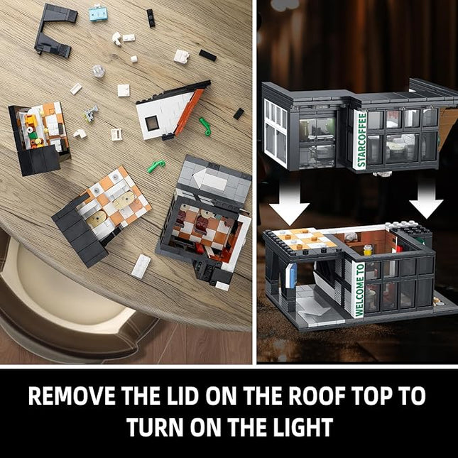 City Coffee House Architecture Building Blocks Set for Adults, Street View Modern Cafe Shop Building Construction Toy with Light, Christmas Birthday Gift for Kids Boys Girls 6-12 (581 PCS)