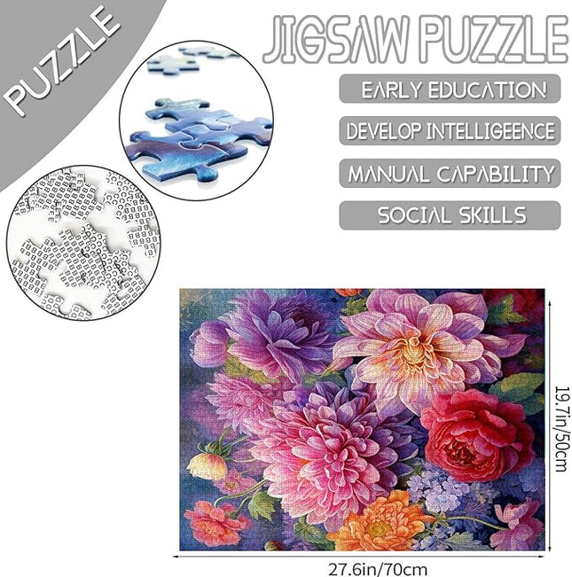 Garden Flowers Jigsaw Puzzles 1000 Pieces for Adults, Families (Dahlias Flowers,Tropical Plants, Leaves) Pieces Fit Together Perfectly 19.7''x27.6''inch Wildflowers Frameable Magic Puzzle Art（Red）