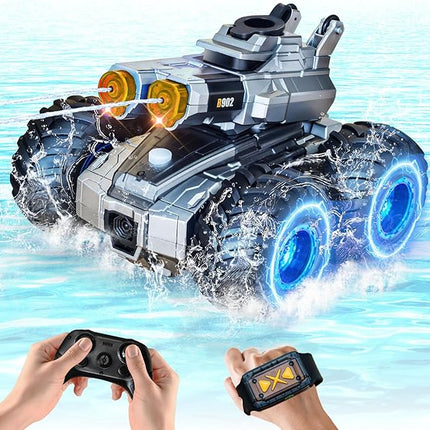 High Speed RC Cars with Water Gun, Amphibious Remote Control Car, Rc Boat Summer Water Swimming Pool Toy Cool Lights for 60 Mins Play - Ideal Gift for Boys Girls Teens Kids Orange Small