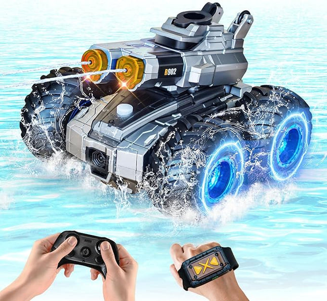 High Speed RC Cars with Water Gun, Amphibious Remote Control Car, Rc Boat Summer Water Swimming Pool Toy Cool Lights for 60 Mins Play - Ideal Gift for Boys Girls Teens Kids Orange Small