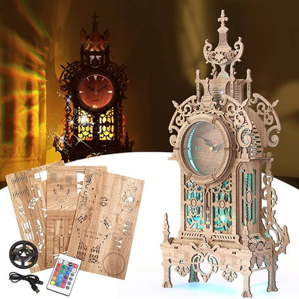 3D Wood Puzzle LED Tower Clock, 3D Puzzle Building Desktop Clock Model DIY Architectural Building Blocks (LED-TC01 Wood)