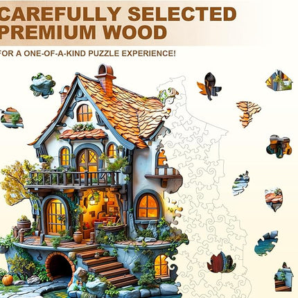 Wooden Puzzles for Adults, Wooden Jigsaw Puzzles for Adults Kids, 3D Glow Cottage Unique Shaped Wood Puzzles Adult, Creative Gifts for Friends Family Game, Home Decor(11.4 * 11.3in 185pcs)