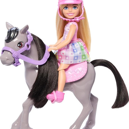 Barbie Chelsea Doll & Toy Horse Set, Includes Helmet Accessory & Saddle, Small Doll Bends at Knees to “Ride” Gray Pony