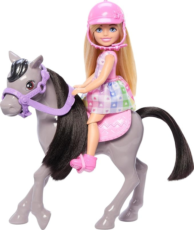Barbie Chelsea Doll & Toy Horse Set, Includes Helmet Accessory & Saddle, Small Doll Bends at Knees to “Ride” Gray Pony