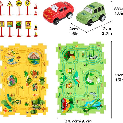 Plastic Floor Puzzles for Kids with 2 Cute Vehicles, Puzzle Racer Kids Car Track Set, Montessori Toys for 3 4 5 6 Year Old Boys, Gifts for 3 4 5 6 Year Old Boys, Toys for Ages 3-4