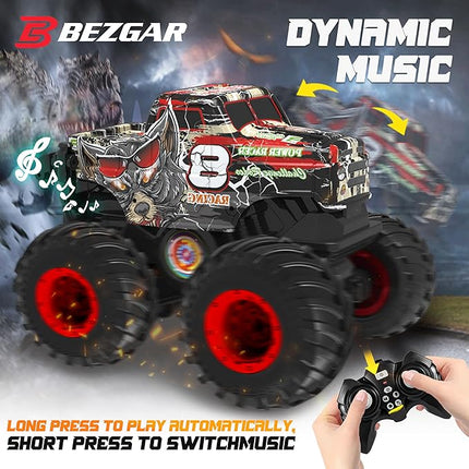 BEZGAR Monster Truck Toys - Remote Control Monster Truck with Light & Music, Dinosaur Truck for Kids, 1:20 Scale RC Truck with 360° Spins and Drifting, Remote Control Car for Boys 4-7 Red