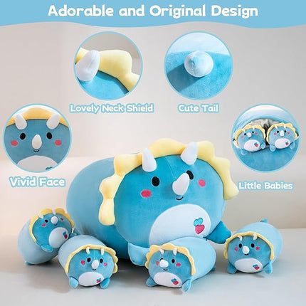 Dinosaur Plush Stuffed Animals Triceratops Dino Plushie with 4 Babies Plushies Gifts for Kids Him Her Girlfriend Boyfriend