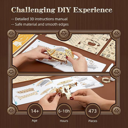 LED 3D Wood Puzzle Fantasy Airship Model - Steampunk DIY Craft Kit with LED Lights – Intricate Wooden Airship Model Building Set for Teens and Adults(White)