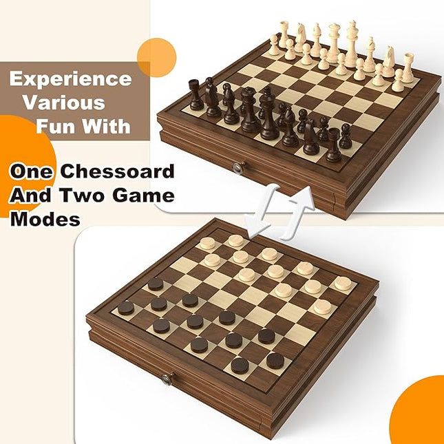 Premium Natural Walnut 13" x 13" Magnetic Wooden Chess Set with 1 Built-in Storage Drawers - 2 Bonus Extra Queens - 24 Checkers Pieces - Staunton Chess Pieces, Board Games Chess Sets
