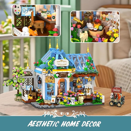 Flower Café House Building Set with LED, 1520 PCS Botanical Coffee Architecture with Openable Design, Floral Bakery Construction Model for Home Decor, Gift for Adults Women Teens Girl Boy 12+