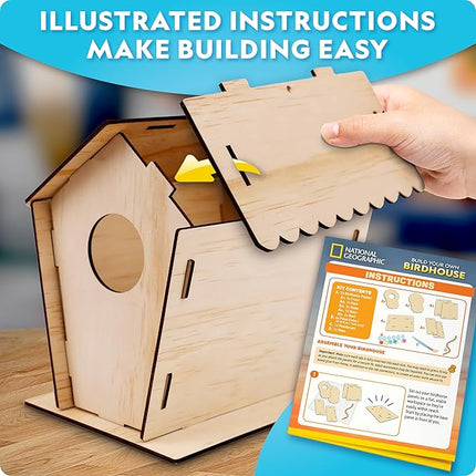 National Geographic Build Your Own Birdhouse Kit – DIY Wooden Birdhouse Craft with Paints, Brush, Bird-Watching Journal & Educational Poster for Kids, Bird House Craft