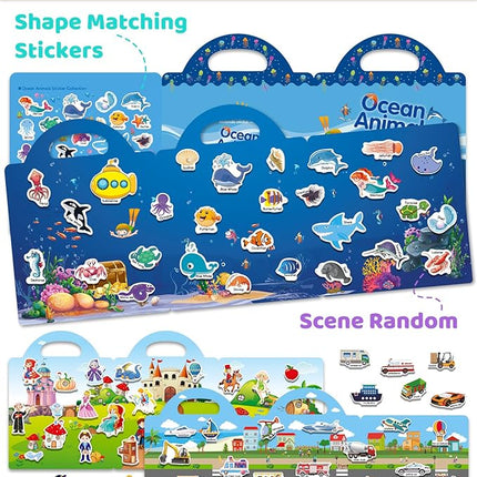 Benresive Reusable Sticker Books for Kids 2-4, Sticker Books for Toddlers 1-3 2-4, Toddler Travel Toys Activities Crafts Gifts - Ocean Animals, Fairy and Vehicle