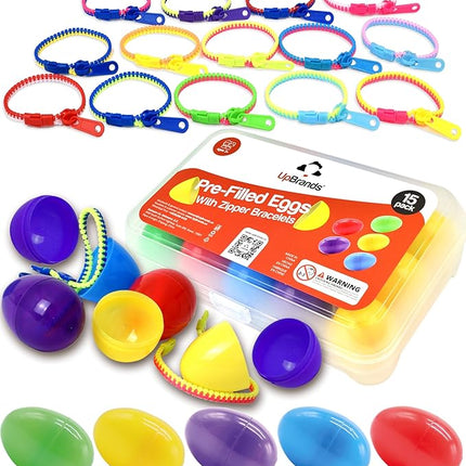 UpBrands 15 Toy Zipper Bracelets in Easter Eggs - Vibrant Pre-filled Easter Eggs with Toys inside for Boys & Girls - Perfect Basket Stuffers, Egg Hunt Prizes, and Birthday Party Favors for Kids