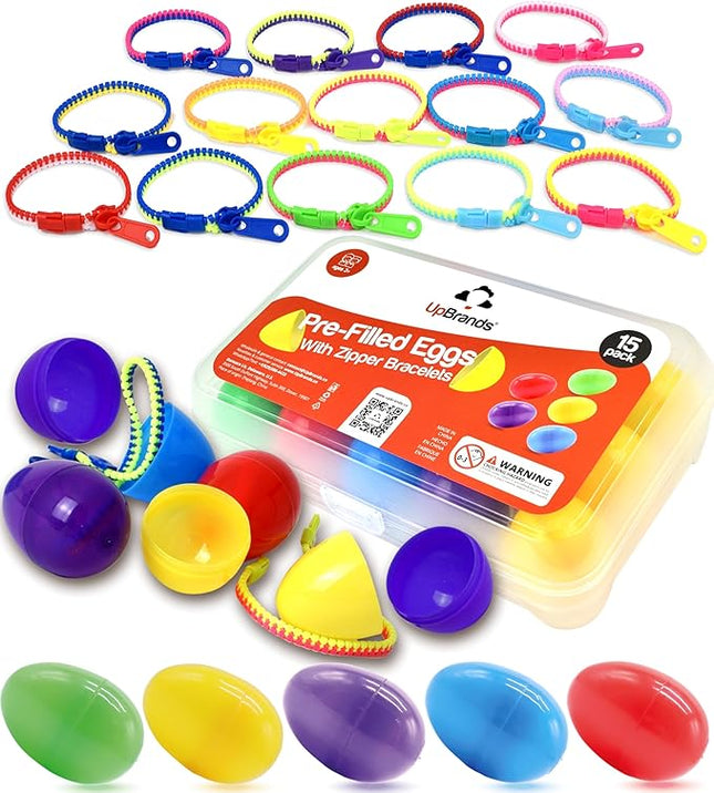 UpBrands 15 Toy Zipper Bracelets in Easter Eggs - Vibrant Pre-filled Easter Eggs with Toys inside for Boys & Girls - Perfect Basket Stuffers, Egg Hunt Prizes, and Birthday Party Favors for Kids