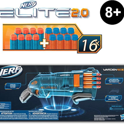 Nerf Elite 2.0 Warden DB-8 Blaster, 16 Official Nerf Darts, Blast 2 Darts at Once, Tactical Rail, Slam Fire