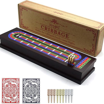 Wooden Cribbage Board Game Set with Metal Pegs and 2 Decks of Playing Cards, Travel Cribbage Board with Card Storage, Magnetic Lock, Classic Continuous 3 Track Cribbage Set for Family