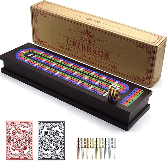 Wooden Cribbage Board Game Set with Metal Pegs and 2 Decks of Playing Cards, Travel Cribbage Board with Card Storage, Magnetic Lock, Classic Continuous 3 Track Cribbage Set for Family