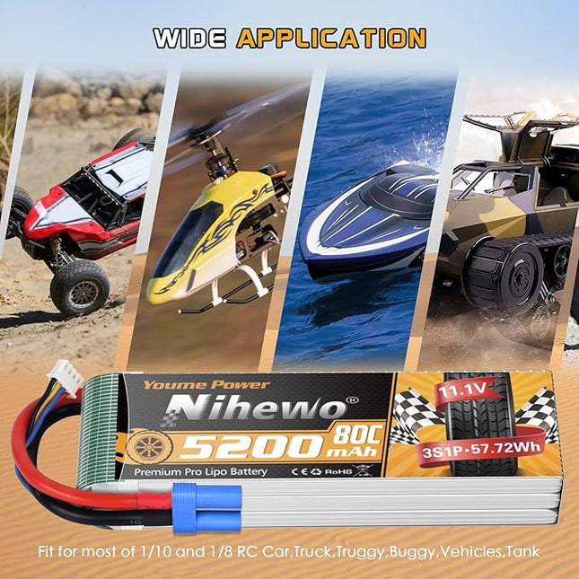 2Packs 3S Lipo Battery, RC Lipo Battery 11.1V 5200mAh 80C EC5 Connector Compatible with Arrma Axial 1/8 1/10 RC Car Truck Truggy Vehicles Tank Boat Airplane Helicopter Models