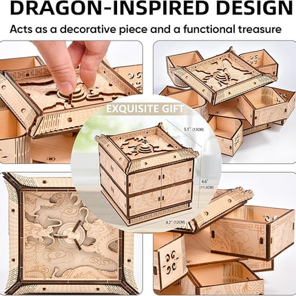 3D Wooden Puzzle Mechanical Treasure Box of Dragon, DIY Model Kits and 3D Puzzles for Adults, Unique Wooden Puzzle for Adults, Hobbies Projects Adult Building Sets Gift for Women and Kids