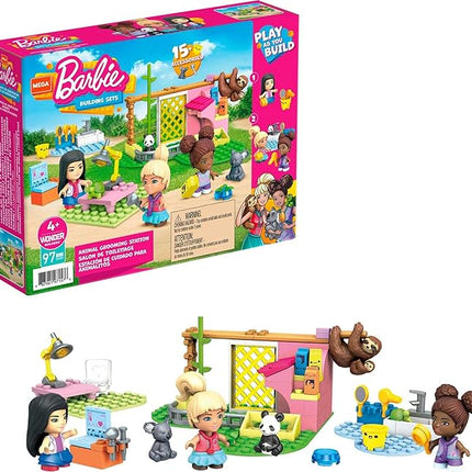 MEGA Construx Barbie Kids Building Blocks Toy Set, Animal Grooming Station with 97 Pieces, 3 Micro-Dolls, Barbie Pets and Accessories, Ages 4+ Years