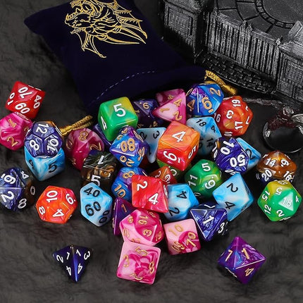DND Dice Set - QMay 42pcs Polyhedral Dice, 6 Complete Double-Colors D&D Dice Sets with 6 Blue Drawstring Bags for Dungeons and Dragons RPG MTG Table Games