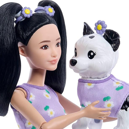 Barbie Twinning Looks Doll with Pet Dog in Matching Purple Daisy Clothes and Accessories for Both Like Flowers and Belt Bags, Black Hair