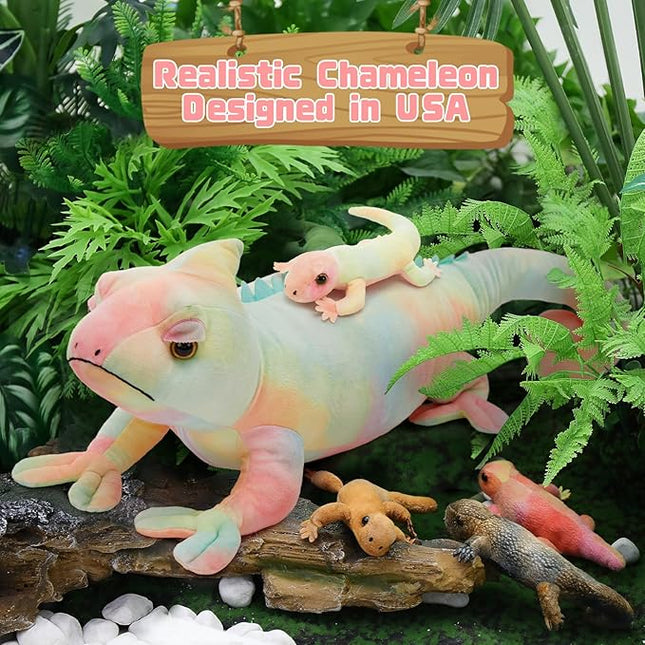 MorisMos 27" Giant Chameleon Stuffed Animal with 4 Baby Lizard Plush Toys for Kid Girl Boy,Realistic Rainbow Chameleon Plush Mama & Baby Lizard Stuffed Animals Gift for Birthday Decor,CE/CPC Certified