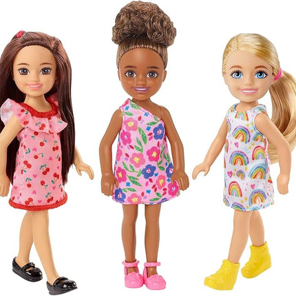 Barbie Chelsea Doll (Brunette) Wearing Ruffled Cherry-Print Dress and Black Shoes, Toy for Kids Ages 3 Years Old & Up