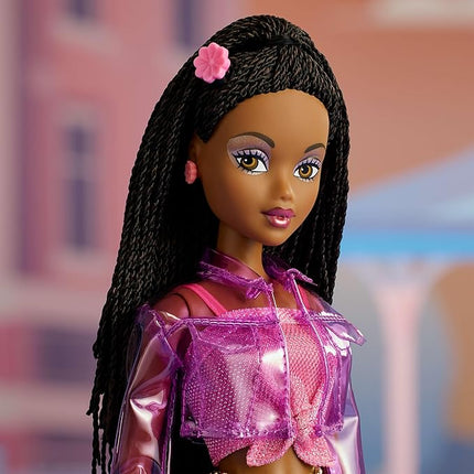 Barbie Signature My Scene Jai Doll and Accessories, Black Braids, Y2K-Inspired Outfit with Pink Top, Vinyl Jacket, Floral Flare Pants and Doll Stand