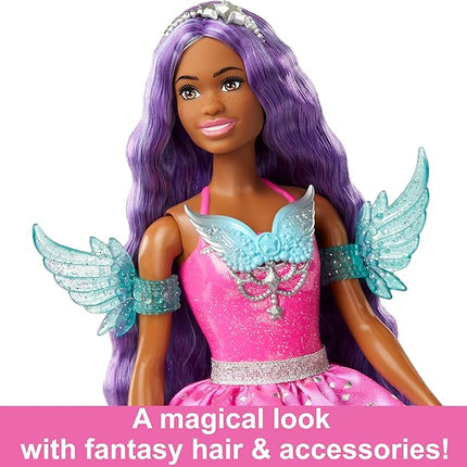 Barbie A Touch of Magic Fashion Doll, Brooklyn with Wing-Detailed Dress, 7-inch Long Colorful Hair, 2 Fantasy Pets & Accessories