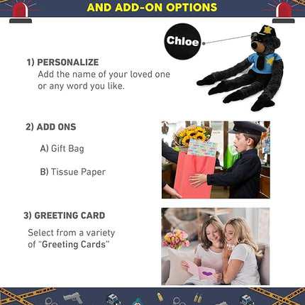 DolliBu Black Bear with Long Arms Police Officer Plush Toy - Soft Black Bear Cop Stuffed Animal Dress Up with Cute Cop Uniform and Cap Outfit - Gift with Personalization - 21 Inches