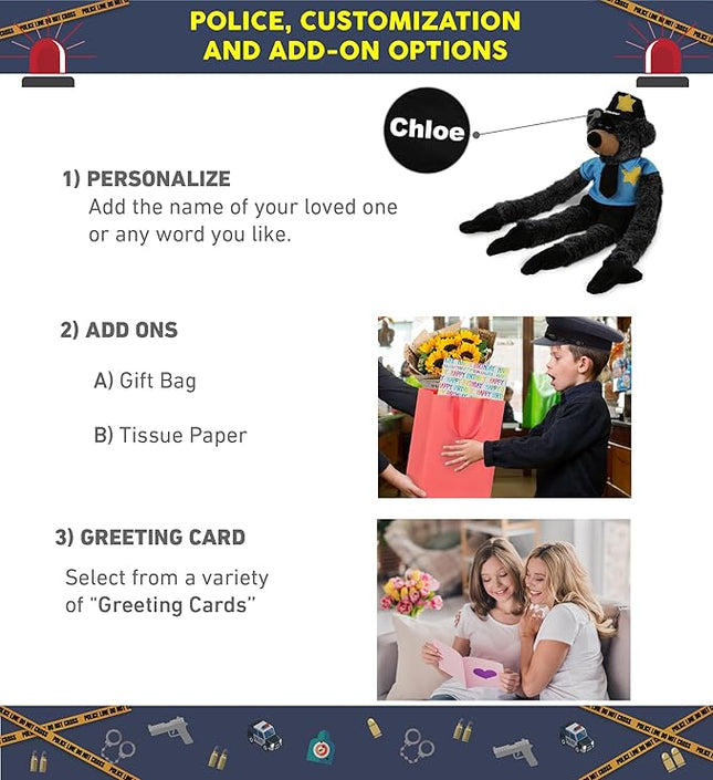 DolliBu Black Bear with Long Arms Police Officer Plush Toy - Soft Black Bear Cop Stuffed Animal Dress Up with Cute Cop Uniform and Cap Outfit - Gift with Personalization - 21 Inches