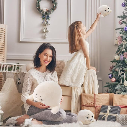 Seal Stuffed Animals with 4 Babies Plushies,16inch White Pillow Christmas Thanksgiving Gift for Kids Boyds and Girls
