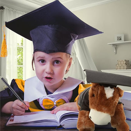 DolliBu Lying Brown Horse Graduation Plush Toy - Soft Graduation Stuffed Animal Dress Up with Gown & Cap with Tassel Outfit - Gift with Personalization - 10.5" Inches