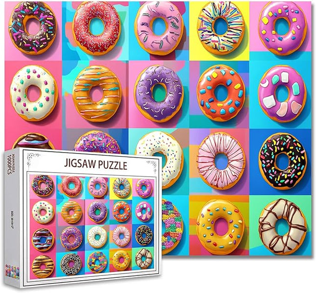 Colorful and Playful Donut Jigsaw Puzzle，Cat-Shaped Doughnut 1000 Pieces Jigsaw Puzzles for Adults，27 x 20 Inches Puzzles for Families，HD Quality Different Shapes Colors Doughnuts Puzzle Decor