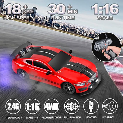 YUZ Remote Control Car RC Drift Car 1/16 Scale 4WD 18KM/H High Speed RC Car 2.4GHz with LED Lights Spray Racing Toy Car for Adults Boys Girls Kids Birthday 2Pcs Rechargeable Batteries, Red