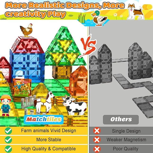 Magnetic Tiles with Farm Animals, Magnetic Blocks Building Toys for 3+ Year Old Toddler, Construction STEM Magnet Toys Gift for Kids, Boys and Girls 3 4 5 6 7 8+ Year Old