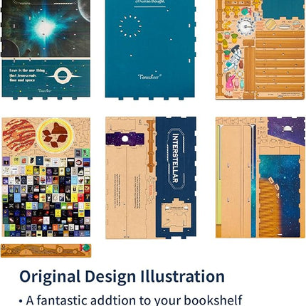 Tonecheer DIY Book Nook Kit for Adults,3D Wooden Puzzle Bookend Bookshelf Insert Library Decor, Booknook Miniature House Kit with Body Motion Sensor LED Light（Interstellar）