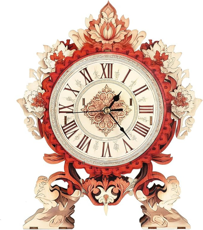 3D Puzzles for Adults Clock-Flame Flower Design Model Kit-Mechanical DIY Pendulum Clock with Roman Numerals-Desk Home Office Decor Personalized Gift for DIY Lovers