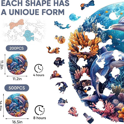 Wooden Puzzles for Adults 500 Pieces, Dolphins World Wooden Jigsaw Puzzles Royal Unique Shape Ocean Adult Puzzles, Irregular Wood Puzzles Creative Gift for Adults Family Game 16.5 x 16.5 in