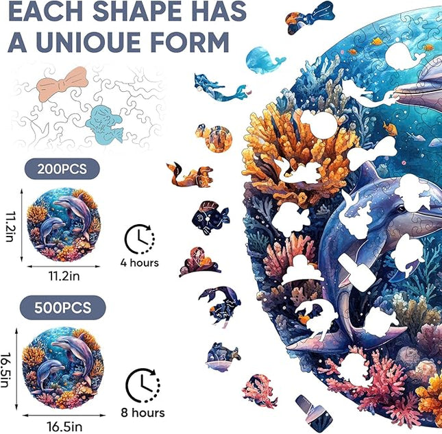 Wooden Puzzles for Adults 500 Pieces, Dolphins World Wooden Jigsaw Puzzles Royal Unique Shape Ocean Adult Puzzles, Irregular Wood Puzzles Creative Gift for Adults Family Game 16.5 x 16.5 in