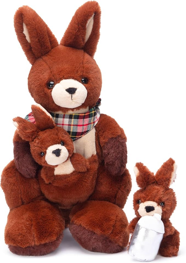 IKASA Mommy Kangaroo Stuffed Animal Mom and Baby Plush Toy, Cute 15.5" Soft Cuddly Family Set with Little Mini Babies,Gifts for Kids